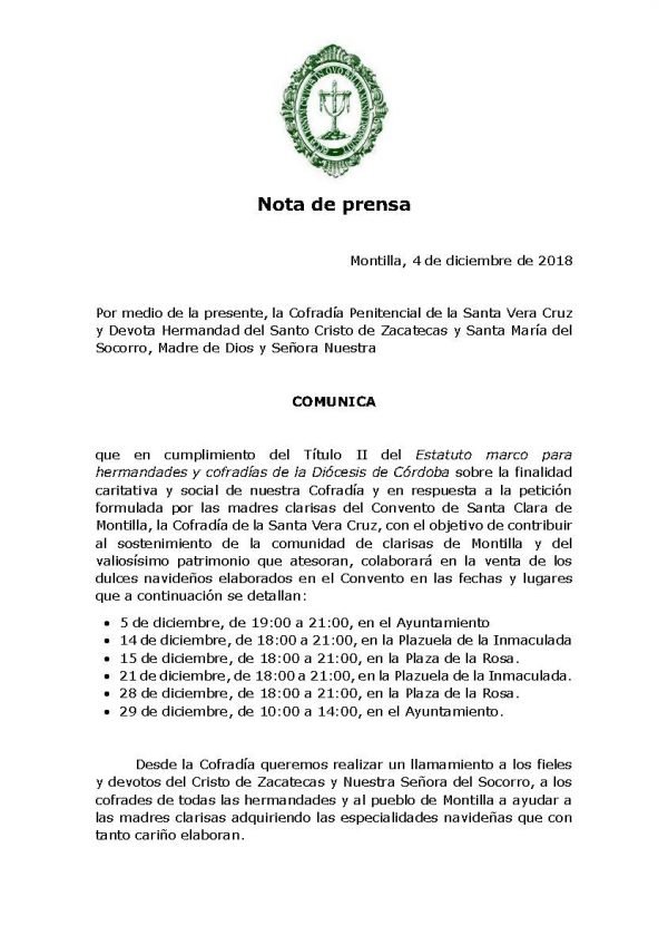 Nota de prensa: Venta de dulces navideños del Convento de Santa Clara